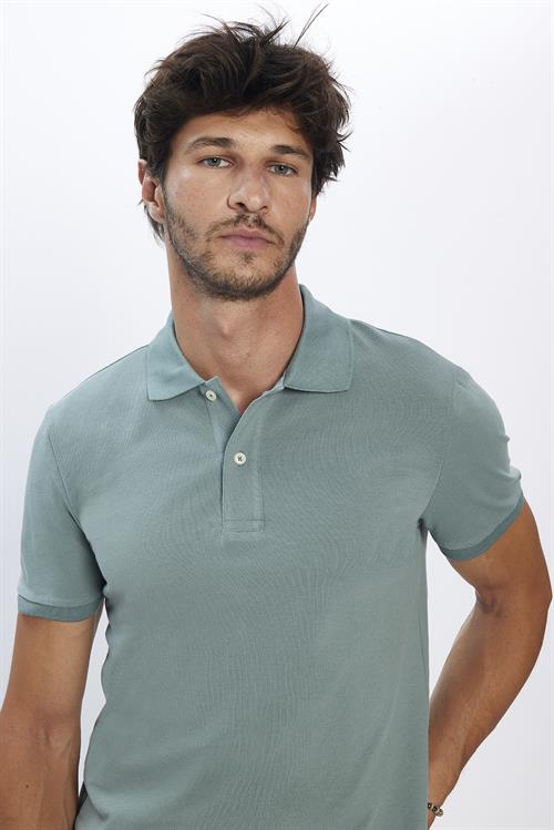 Erkek Slim Fit Dar Kesim %100 Pamuk Yumuşak Dokulu Düz Pike Yeşil Polo Yaka Tişört