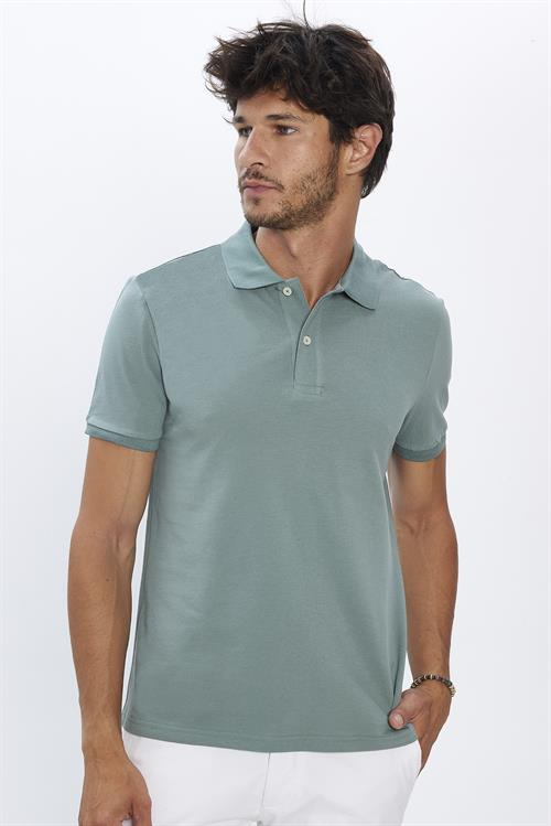 Erkek Slim Fit Dar Kesim %100 Pamuk Yumuşak Dokulu Düz Pike Yeşil Polo Yaka Tişört