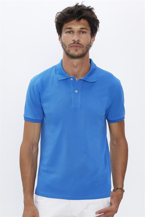Erkek Slim Fit Dar Kesim %100 Pamuk Yumuşak Dokulu Düz Pike Saks Mavi Polo Yaka Tişört