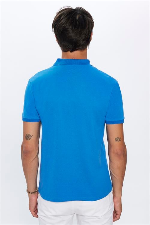 Erkek Slim Fit Dar Kesim %100 Pamuk Yumuşak Dokulu Düz Pike Saks Mavi Polo Yaka Tişört