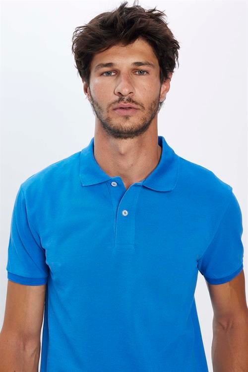 Erkek Slim Fit Dar Kesim %100 Pamuk Yumuşak Dokulu Düz Pike Saks Mavi Polo Yaka Tişört