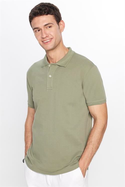 Erkek Slim Fit Dar Kesim %100 Pamuk Yumuşak Dokulu Düz Pike Haki Polo Yaka Tişört