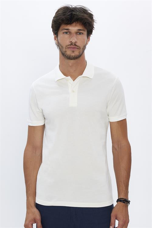 Erkek Slim Fit Dar Kesim %100 Pamuk Yumuşak Dokulu Düz Pike Ekru Polo Yaka Tişört