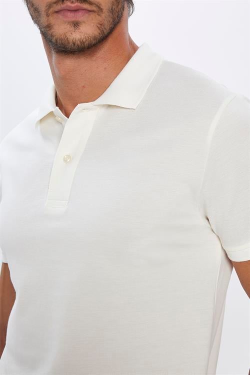 Erkek Slim Fit Dar Kesim %100 Pamuk Yumuşak Dokulu Düz Pike Ekru Polo Yaka Tişört