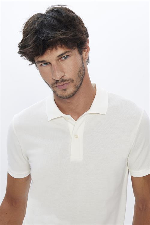 Erkek Slim Fit Dar Kesim %100 Pamuk Yumuşak Dokulu Düz Pike Ekru Polo Yaka Tişört