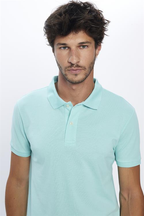 Erkek Slim Fit Dar Kesim %100 Pamuk Yumuşak Dokulu Düz Pike Mint Renk Polo Yaka Tişört