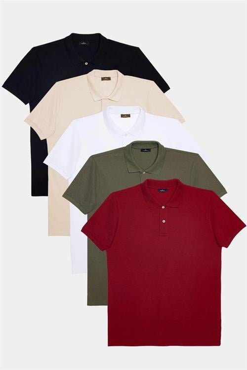 Erkek 5li Paket Siyah-Beyaz-Taş-Haki-Bordo Slim Fit Dar Kesim Pamuklu Düz Pike Polo Yaka Tişört