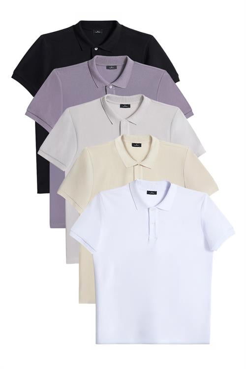 Erkek 5li Paket Siyah-Beyaz-Ekru-Taş-Gri Slim Fit Dar Kesim Pamuklu Düz Pike Polo Yaka Tişört