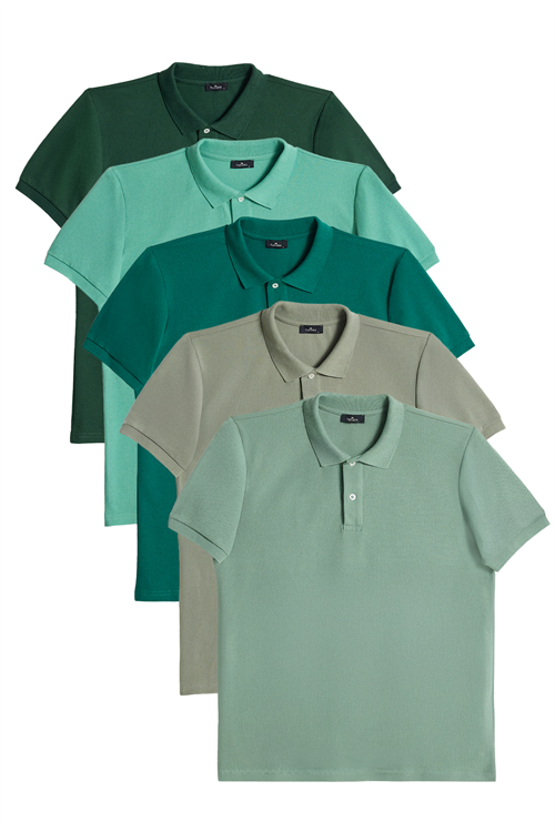 Erkek 5li Paket Yeşil Tonları Slim Fit Dar Kesim Pamuklu Düz Pike Polo Yaka Tişört