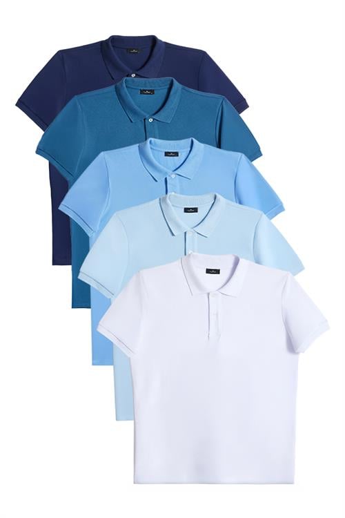 Erkek 5li Paket Mavi Tonları Slim Fit Dar Kesim Pamuklu Düz Pike Polo Yaka Tişört
