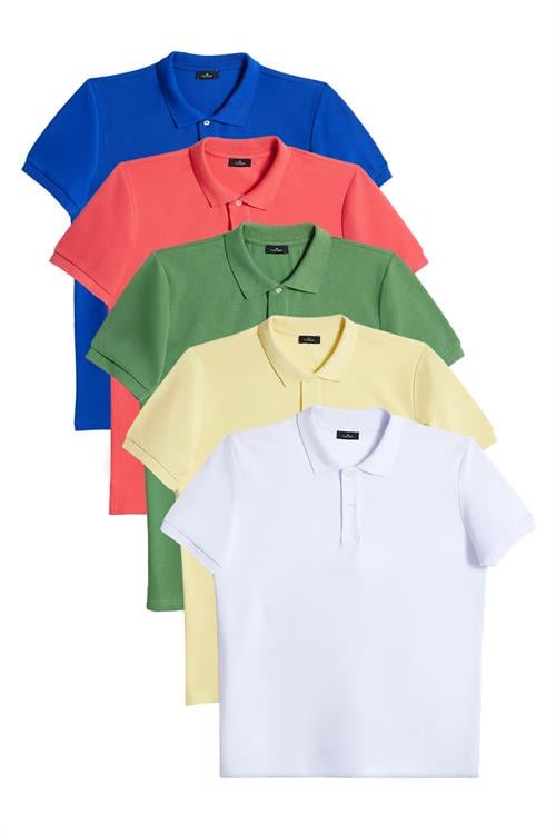 Erkek 5li Paket K. Sax-Sarı-Turuncu-Yeşil-Beyaz Slim Fit Dar Kesim Pamuklu Düz Pike Polo Yaka Tişört