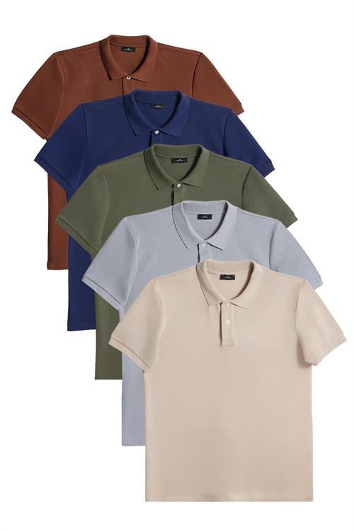 Erkek 5li Paket Lacivert-Haki-Toprak-Bej-Gri Slim Fit Dar Kesim Pamuklu Düz Pike Polo Yaka Tişört