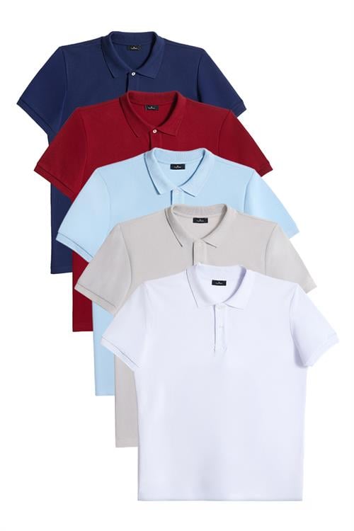 Erkek 5li Paket Bordo-Gri-Lacivert-Beyaz-Mavi Slim Fit Dar Kesim Pamuklu Düz Pike Polo Yaka Tişört