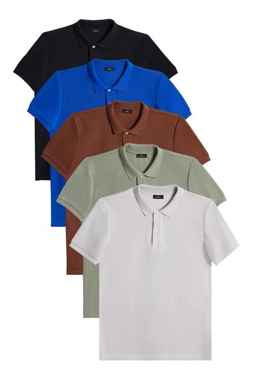 Erkek 5li Paket Siyah-Saks Mavi-Kahverengi-Haki-Gri Slim Fit Pamuklu Düz Pike Polo Yaka Tişört