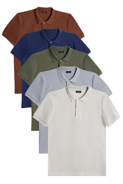 Erkek 5li Paket Kahverengi-Lacivert-Haki-Gri-Açık Gri Slim Fit Pamuklu Düz Pike Polo Yaka Tişört