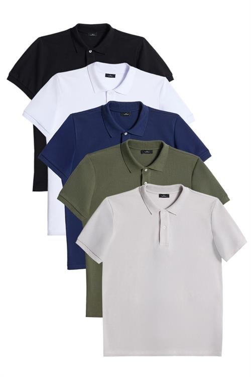 Erkek 5li Paket Siyah-Beyaz-Lacivert-Haki-Gri Slim Fit Dar Kesim Pamuklu Düz Pike Polo Yaka Tişört