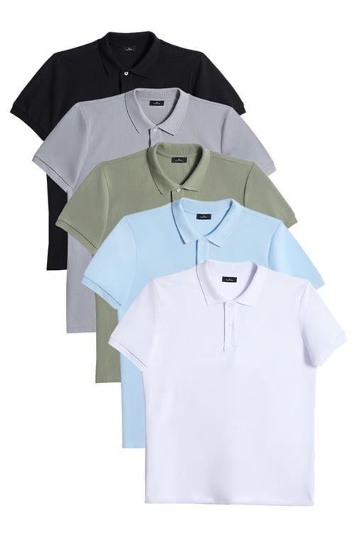 Erkek 5li Paket Siyah-Gri-Haki-Mavi-Beyaz Slim Fit Dar Kesim Pamuklu Düz Pike Polo Yaka Tişört