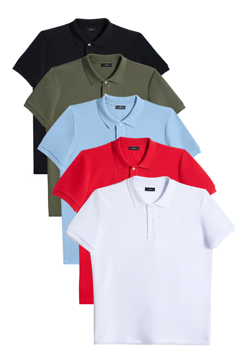 Erkek 5li Paket Siyah-Haki-Koyu Mavi-Kırmızı-Beyaz Slim Fit Pamuklu Düz Pike Polo Yaka Tişört