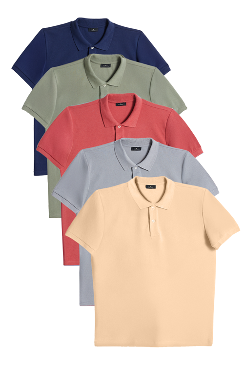 Erkek 5li Paket Lacivert-Haki-Kiremit-Gri-Bej Slim Fit Dar Kesim Pamuklu Düz Pike Polo Yaka Tişört