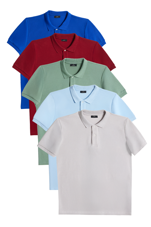 Erkek 5li Paket Saks Mavi-Bordo-Su Yeşili-Mavi-Gri Slim Fit Pamuklu Düz Pike Polo Yaka Tişört