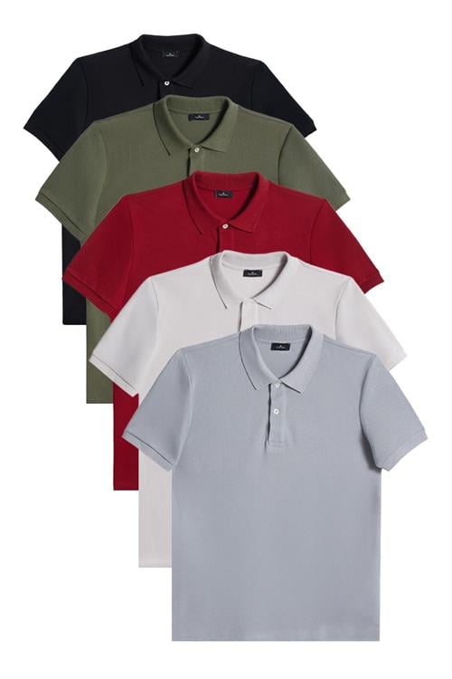 Erkek 5li Paket Siyah-Haki-Bordo-Gri-Koyu Gri Slim Fit Dar Kesim Pamuklu Düz Pike Polo Yaka Tişört
