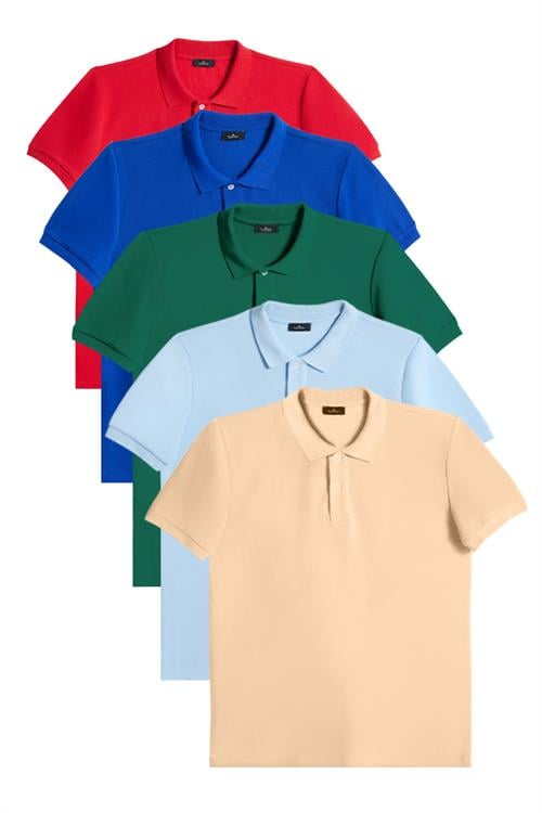 Erkek 5li Pkt Kırmızı-Saks Mavi-Zümrüt Yeşili-Mavi-Bej Slim Fit Pamuklu Düz Pike Polo Yaka Tişört