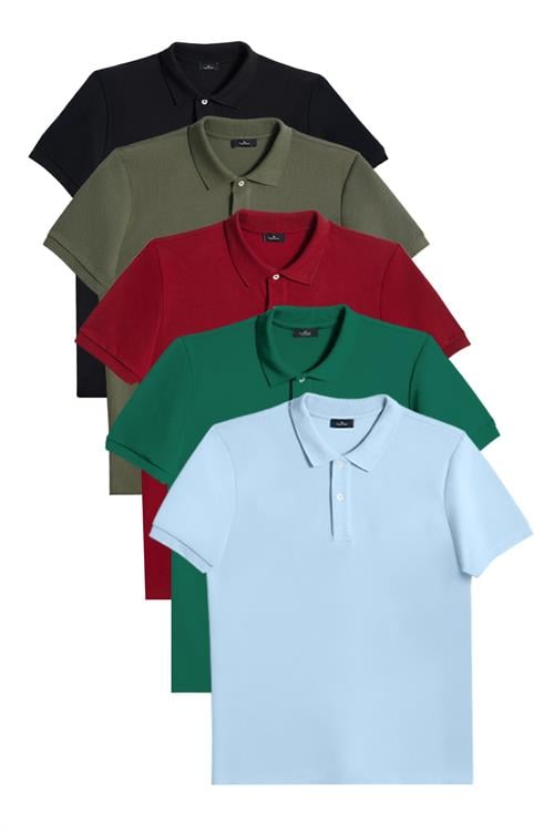 Erkek 5li Paket Siyah-Haki-Bordo-Zümrüt Yeşili-Mavi Slim Fit Pamuklu Düz Pike Polo Yaka Tişört