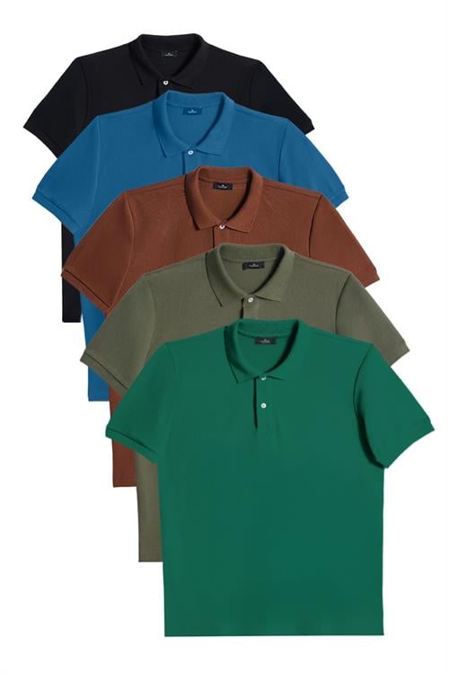 Erkek 5li Paket Yeşil-Haki-Kahverengi-Mavi-Siyah Slim Fit Dar Kesim Pamuklu Düz Pike Polo Yaka Tişört