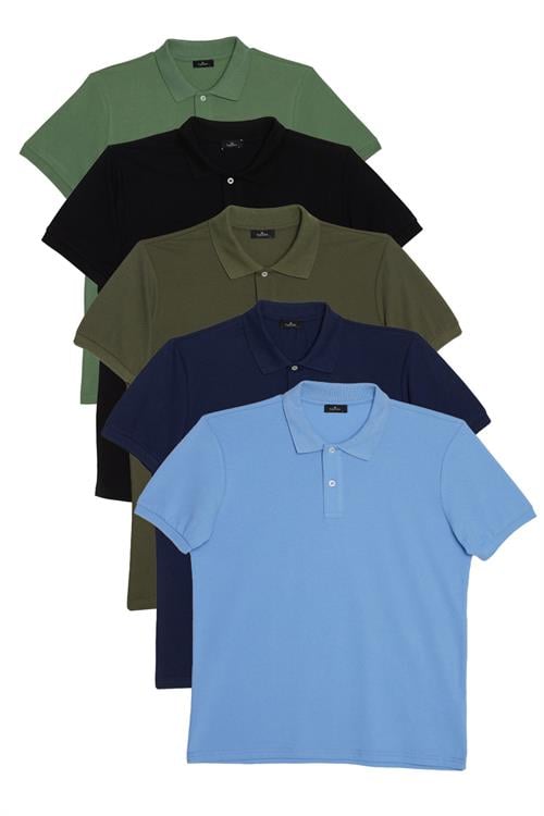 Erkek 5li Paket Siyah-Haki-Su Yeşili-Koyu Mavi-Lacivert Slim Fit Dar Kesim Pamuklu Düz Pike Polo Yaka Tişört