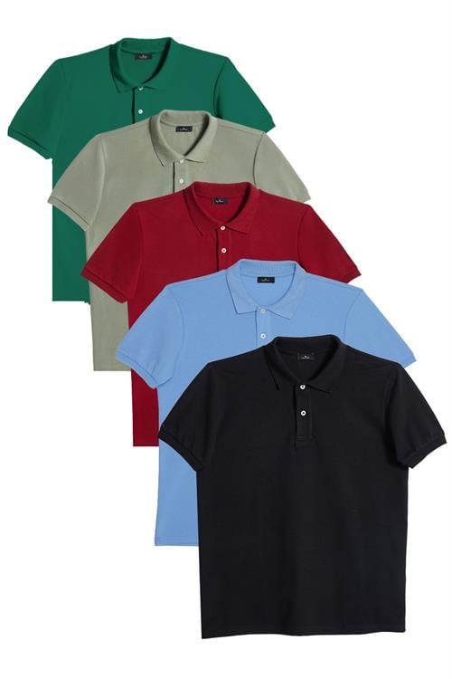 Erkek 5li Paket Siyah-Yeşil-Mavi-Bordo-Haki Slim Fit Pamuklu Düz Pike Polo Yaka Tişört