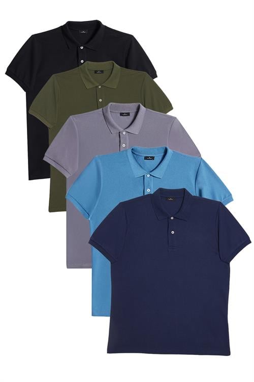 Erkek 5li Paket Lacivert-Mavi-Gri-Haki-Siyah Slim Fit Pamuklu Düz Pike Polo Yaka Tişört