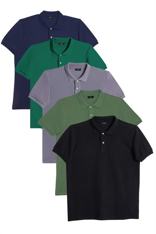 Erkek 5li Paket Gri-Açık Yeşil-Lacivert-Yeşil-Siyah Slim Fit Pamuklu Düz Pike Polo Yaka Tişört