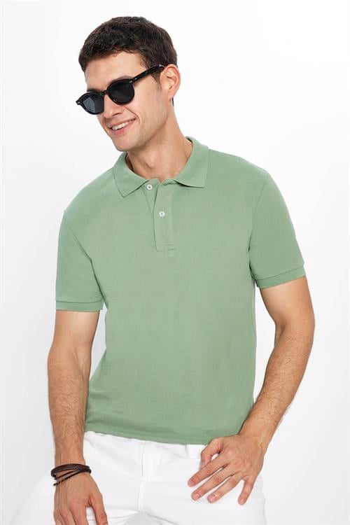 Erkek 5li Paket Gri-Açık Yeşil-Lacivert-Yeşil-Siyah Slim Fit Pamuklu Düz Pike Polo Yaka Tişört