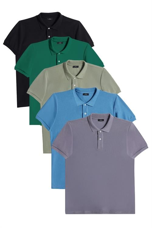 Erkek 5li Paket Gri-Mavi-Haki-Yeşil-Siyah Slim Fit Pamuklu Düz Pike Polo Yaka Tişört