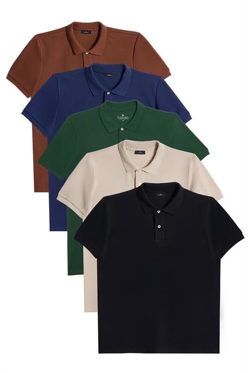 Erkek 5li Paket Kahverengi-Lacivert-Koyu Yeşil-Taş-Siyah Slim Fit Pamuklu Düz Pike Polo Yaka Tişört