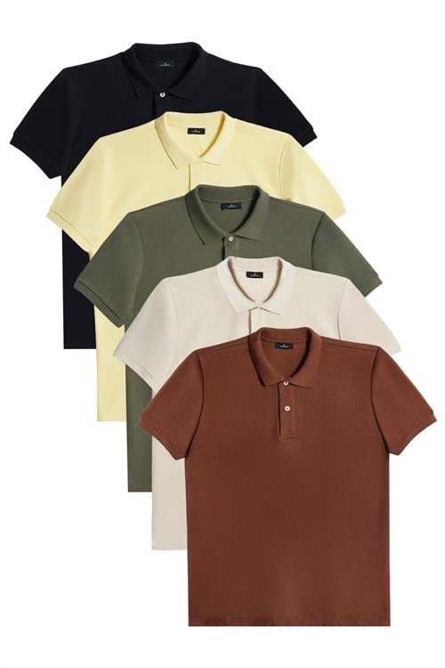 Erkek 5li Paket Siyah-Sarı-Haki-Ekru-Kahverengi Slim Fit Pamuklu Düz Pike Polo Yaka Tişört