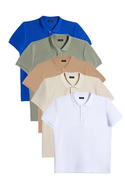 Erkek 5li Paket Beyaz-Mavi-Taş-Vizon-Haki Slim Fit Pamuklu Düz Pike Polo Yaka Tişört