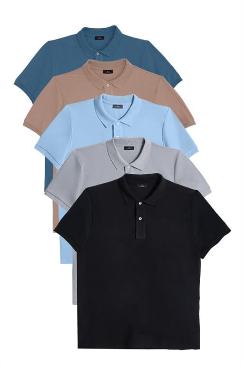 Erkek 5li Paket Siyah-Mavi-Gri-Vizon-Petrol Slim Fit Pamuklu Düz Pike Polo Yaka Tişört
