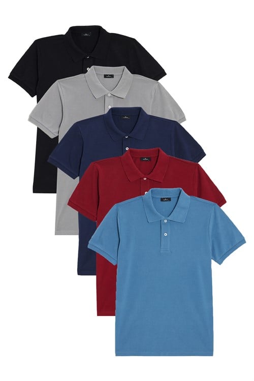 Erkek 5li Paket Siyah-Gri-Lacivert-Mavi-Bordo Slim Fit Dar Kesim Pamuklu Düz Pike Polo Yaka Tişört
