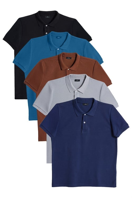 Erkek 5li Paket Siyah-Kahverengi-Gri-Lacivert-Petrol Slim Fit Dar Kesim Pamuklu Düz Pike Polo Yaka Tişört
