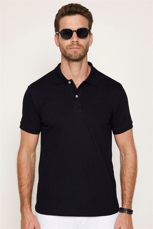 Erkek 5li Paket Siyah-Kahverengi-Gri-Lacivert-Petrol Slim Fit Dar Kesim Pamuklu Düz Pike Polo Yaka Tişört
