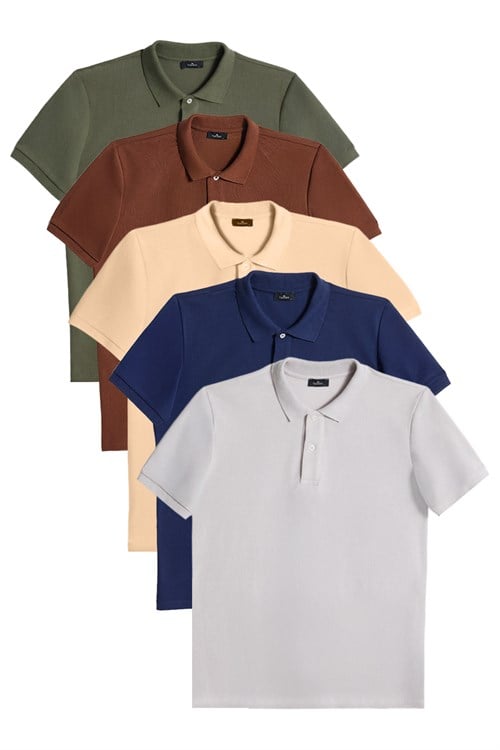 Erkek 5li Paket Kahverengi-Haki-Krem-Lacivert-Bordo-Gri Slim Fit Dar Kesim Pamuklu Düz Pike Polo Yaka Tişört