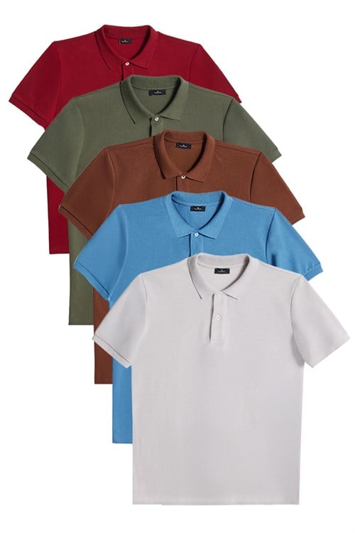 Erkek 5li Paket Kahverengi-Gri-Bordo-Haki-Mavi Slim Fit Dar Kesim Pamuklu Düz Pike Polo Yaka Tişört