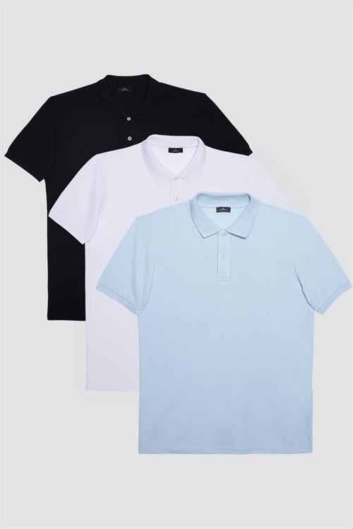 Erkek 3lü Paket Siyah-Mavi-Beyaz Slim Fit Dar Kesim Pamuklu Düz Pike Polo Yaka Tişört