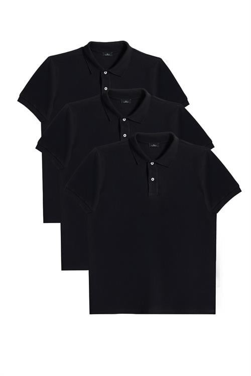 Erkek 3lü Paket Siyah Slim Fit Dar Kesim Pamuklu Düz Pike Polo Yaka Tişört