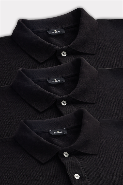 Erkek 3lü Paket Siyah Slim Fit Dar Kesim Pamuklu Düz Pike Polo Yaka Tişört