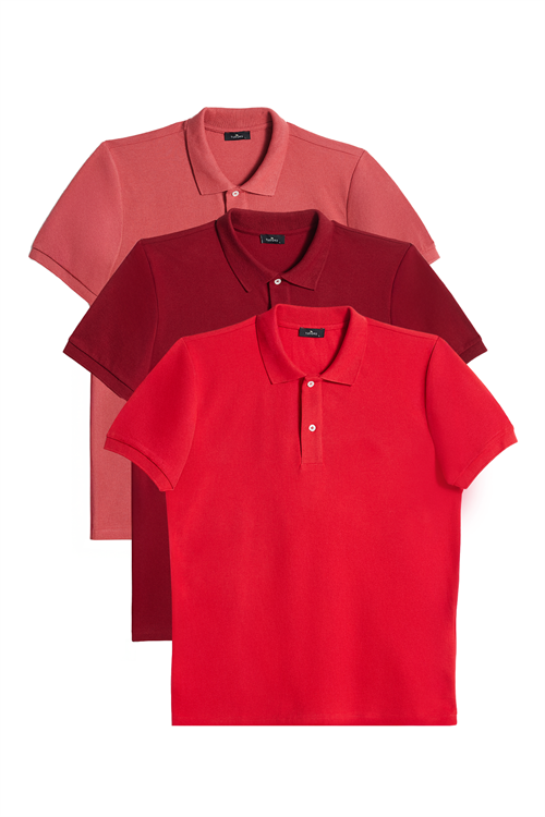 Erkek 3lü Paket En Güzel Kırmızı Tonları Slim Fit Dar Kesim Pamuklu Düz Pike Polo Yaka Tişört
