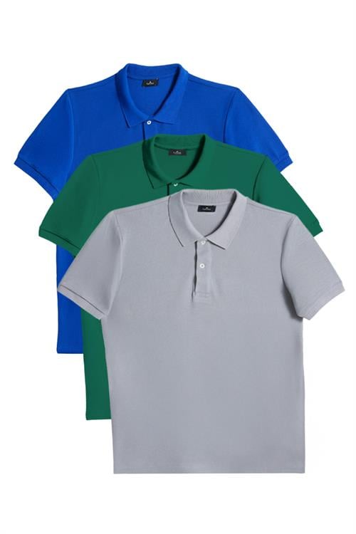 Erkek 3lü Paket Saks Mavi-Zümrüt Yeşili-Gri Slim Fit Dar Kesim Pamuklu Düz Pike Polo Yaka Tişört