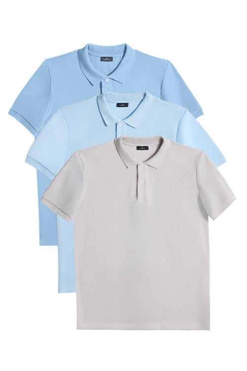 Erkek 3lü Paket Koyu Mavi-Mavi-Gri Slim Fit Dar Kesim Pamuklu Düz Pike Polo Yaka Tişört