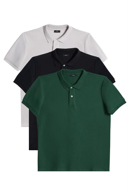 Erkek 3lü Paket Gri-Siyah-Yeşil Slim Fit Dar Kesim Pamuklu Düz Pike Polo Yaka Tişört